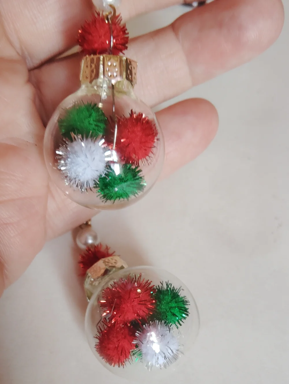 Handmade Pearl Drop Earrings with Red, Green & White Festive Balls Ornaments